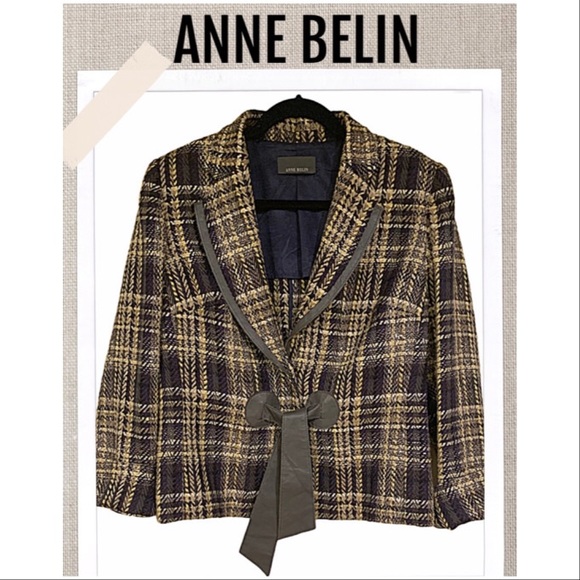 Anne Belin Blazer Vintage retro plaid tweed & leather blazer Bow Tie Size 12 - Picture 1 of 8